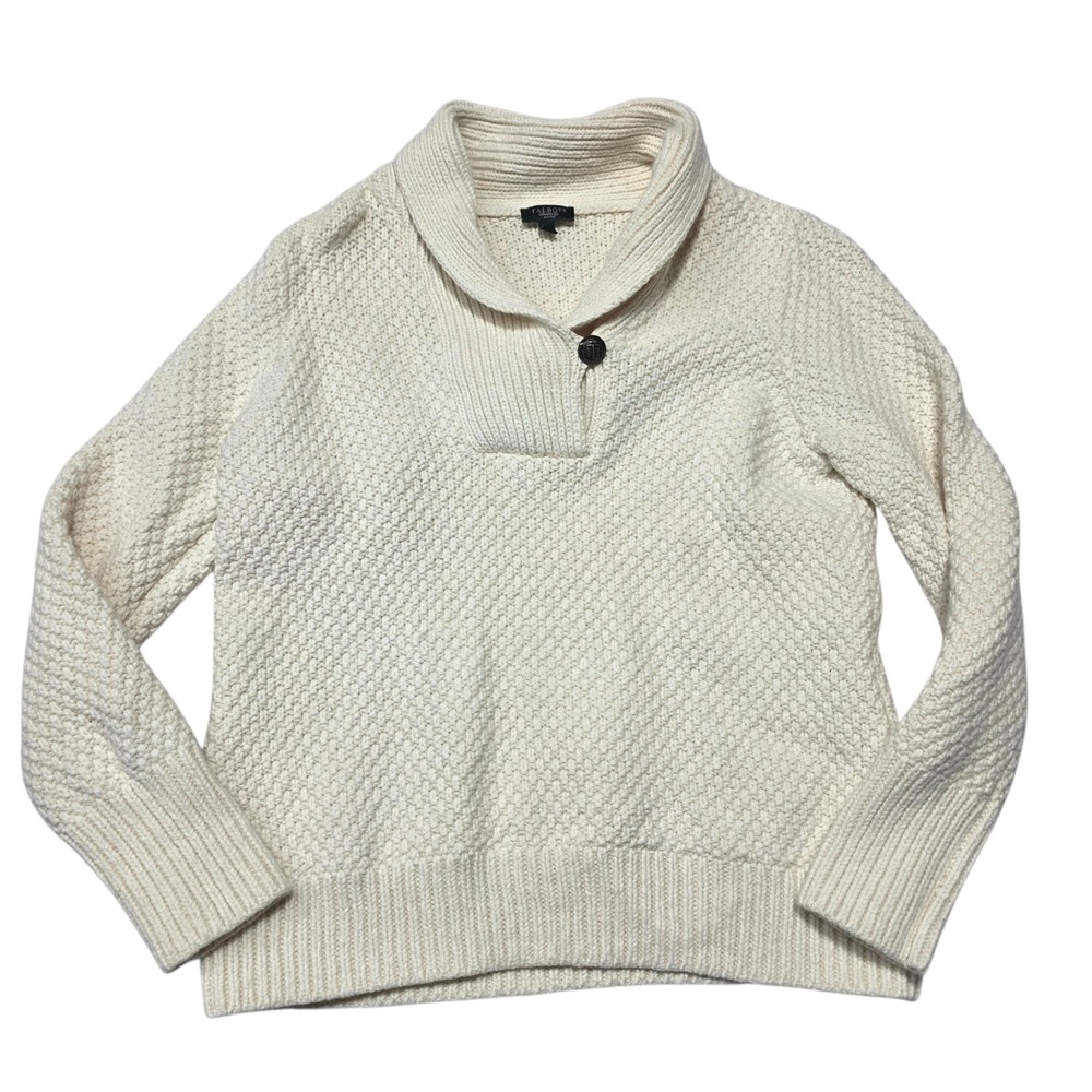 Talbots Petite Cream Chunky Knit Shawl Collar Button Sweater L Runs Small
